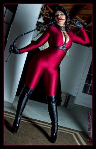 tiedinheels.com - Enchantress Sahrye...Red Spandex Catsuit and SEXY OTK Boots!  thumbnail
