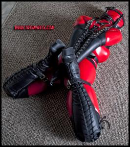 tiedinheels.com - Nadia White Red Catsuit, Armbinder, Muzzle Gag and Lace Up Boots! Pt-2 thumbnail